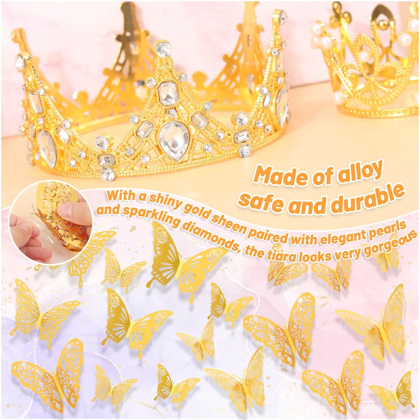 Billbotk Flower Bouquet Accessories Set, 53 Pcs Gold Crowns & Butterflies, Cake Topper for Parties, Model CCT-5