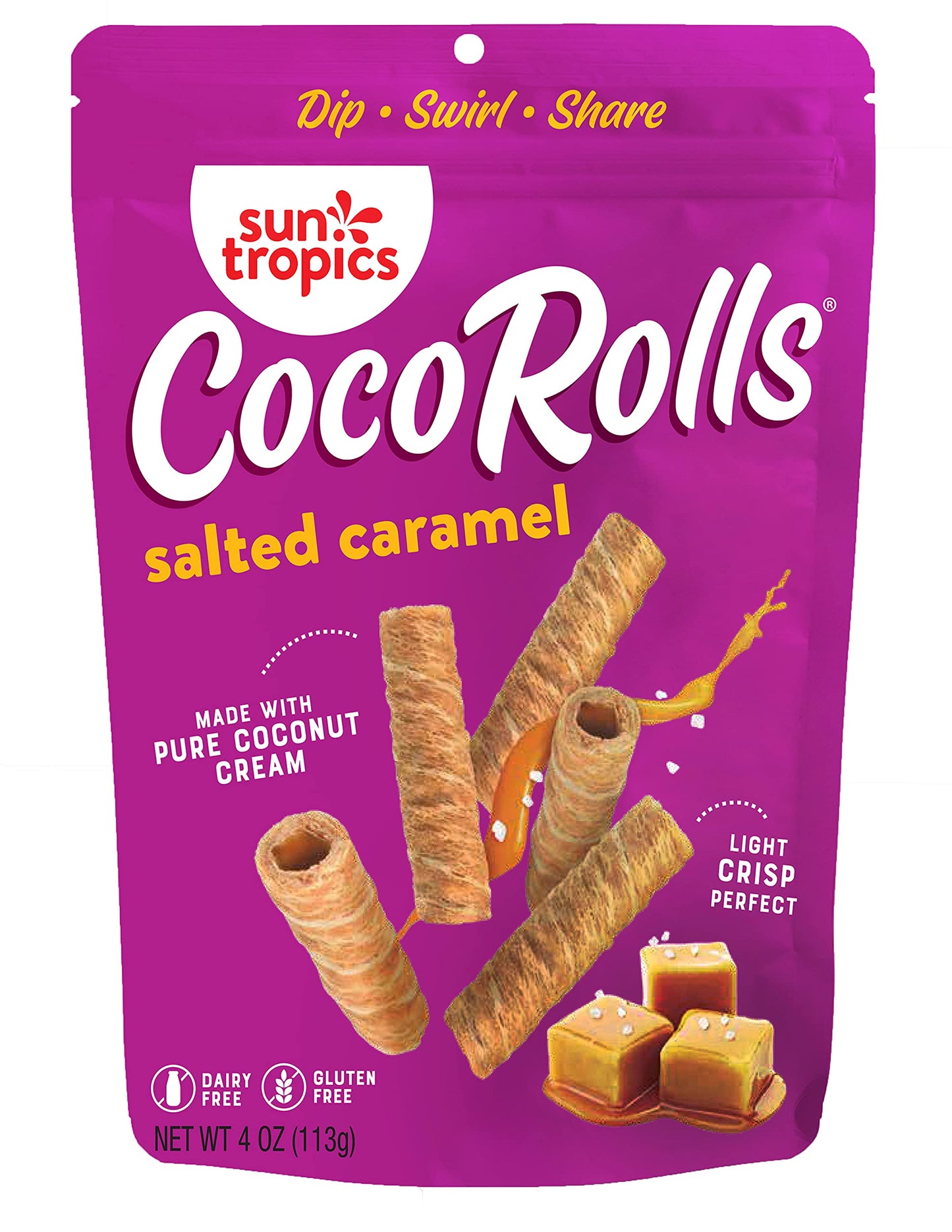 Sun Tropics Cocorolls Salted Caramel, Gluten Free, Dairy Free, Snack-Crisp Rolled Wafer Made With Pure Coconut Cream, 6 Count