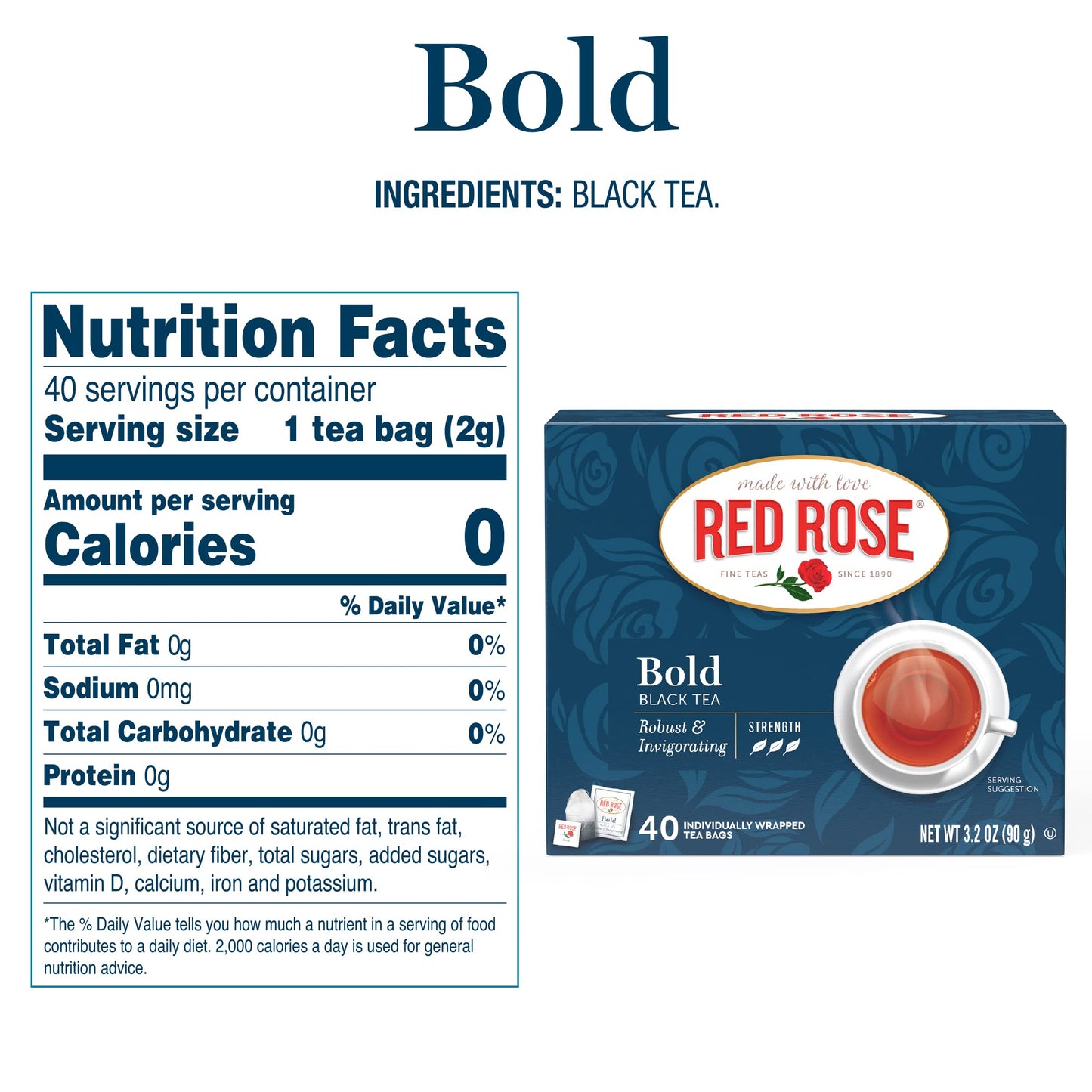 Red Rose Bold Black Tea - 40 Individually Wrapped Tea Bags, 6Count