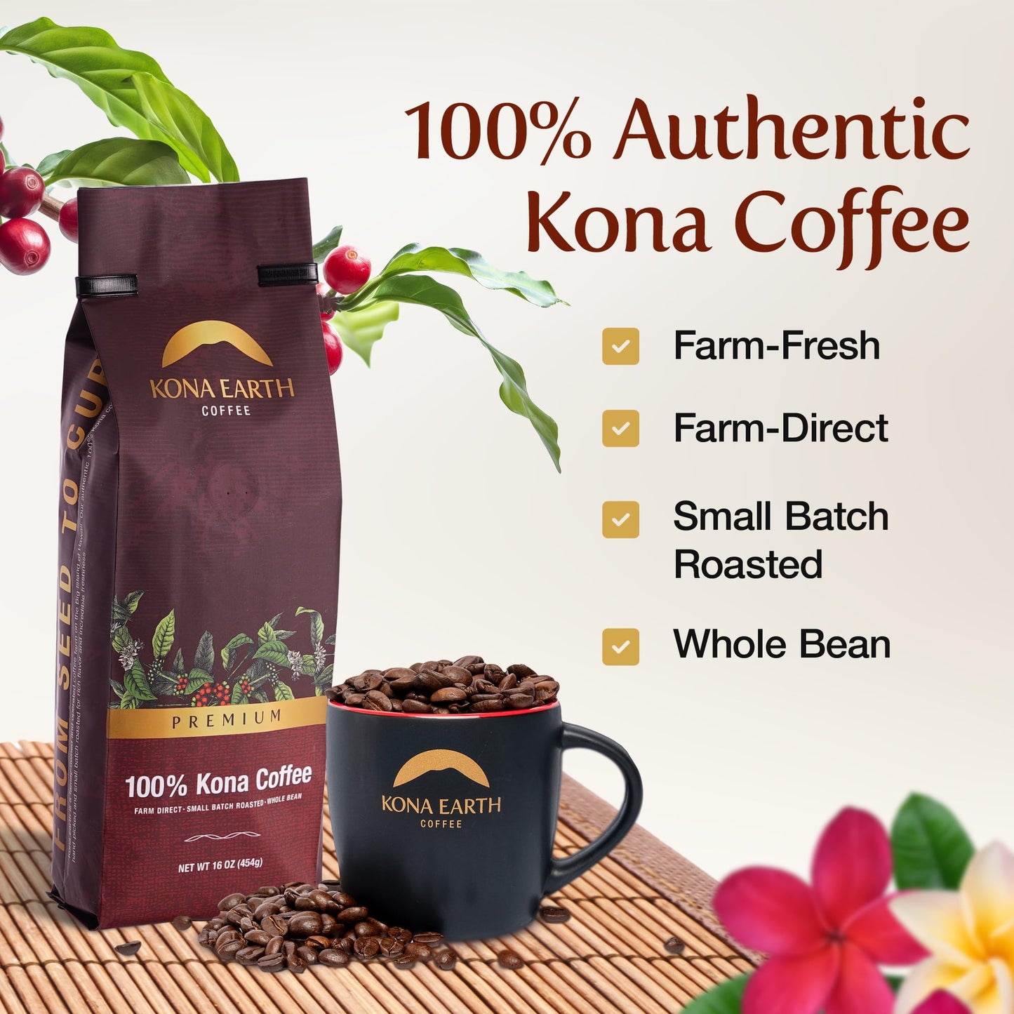 Kona Earth - Premium, 100% Kona Coffee, Medium Roast, Farm-Fresh Whole Coffee Beans, Micro-Batch-Roasted, 1 Lb., Pack Of 1