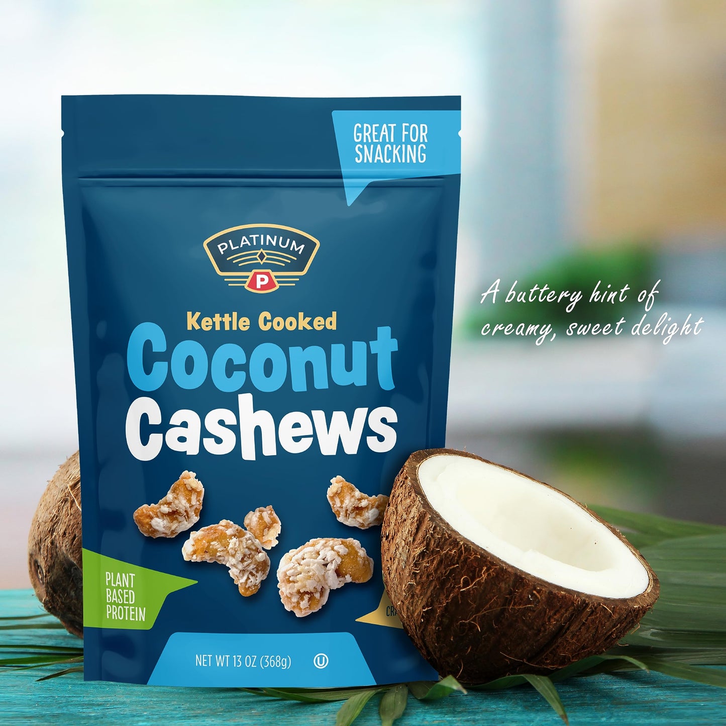 Platinum Kettle Cooked Coconut Cashews - Plant Based Protein, Fiber, Healthy Snack - Wholesome Nutritional Boost - Can Bring At Home, Work, Office, Gym & School - 13 Oz Individual & Resealable Pouch