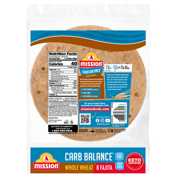 Mission Carb Balance Whole Wheat Flour Tortillas, Fajita Size, 8 Count