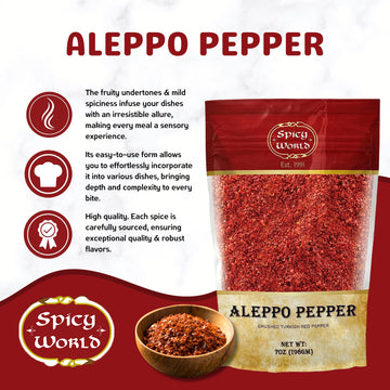 Spicy World Aleppo Pepper Flakes 7 Oz | Authentic Turkish Chili Spice For Exquisite Heat & Flavor | Premium Crushed Chili Pepper From Halaby Region | Popular In Turkish & Middle Eastern Cooking