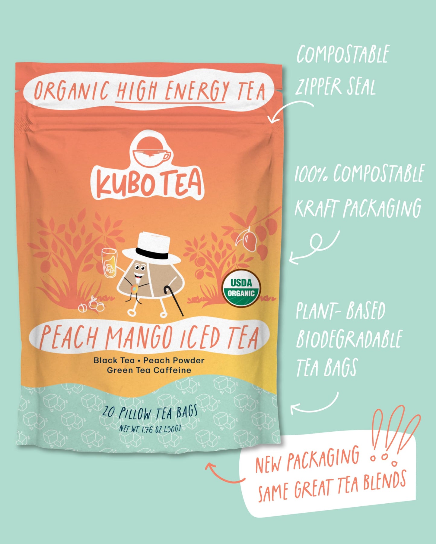 Kubo Tea Peach Mango Black Iced Tea - Organic Pillow Tea Bags - High Caffeine - 20 Servings (155mg Caffeine each) - Compostable Packaging