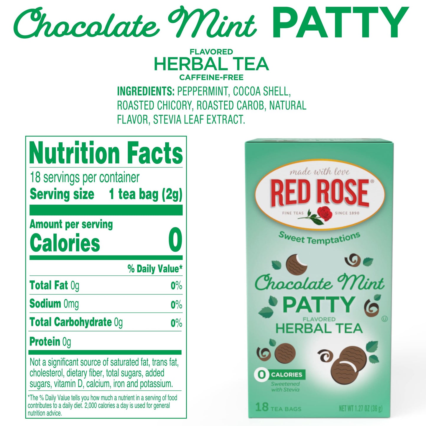 Red Rose Sweet Temptations Dessert Tea Chocolate Mint Patty, Zero Carbs, Zero Sugar Bursting With Flavor Delicious Beverage Herbal Tea, 18 Count Fruit Naturally Flavored Herbal Tea