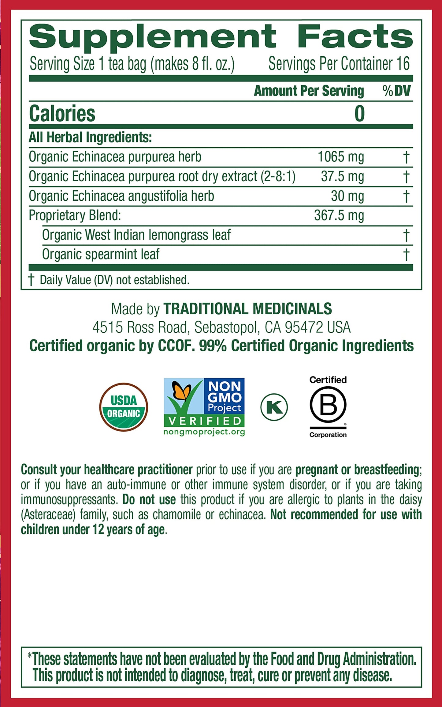 Traditional Medicinals Tea, Organic Echinacea Plus, Promotes Immune Function, W/ Spearmint, 16 Tea Bags