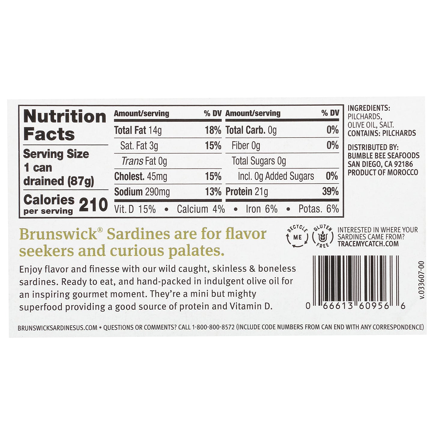 Brunswick Wild Caught Skinless And Boneless Sardines, Served In Olive Oil, 4.4 Ounce