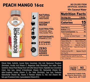 BODYARMOR LYTE Sports Drink, Peach Mango, 16 Fl Oz (Pack of 12), Low-Calorie, Coconut Water, Hydration with Vitamins & Electrolytes