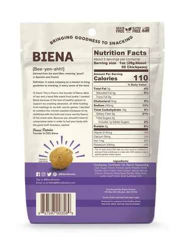 Biena Rockin Ranch Chickpea Snacks Gluten Free Vegan Dairy Free Plant-Based Protein (Single 5 Oz. Bag)