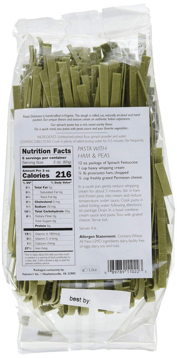 Pasta Deliziosa! Handcrafted Spinach Fettuccine, 12 Ounce - Fresh, Delicious Italian Pasta, Perfect for Gourmet Dishes
