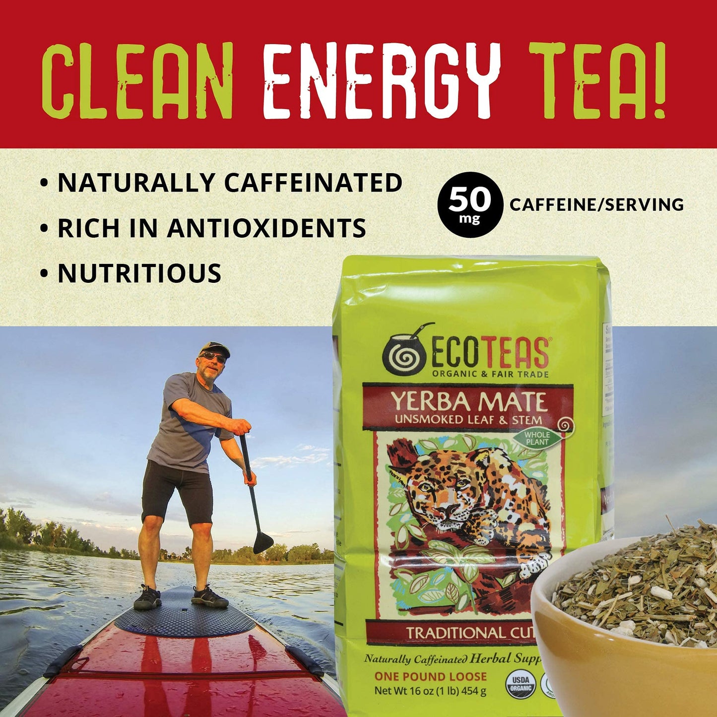 ECOTEAS Organic Yerba Mate Loose Leaf Tea - Unsmoked Detox Herbal Tea - 1 lb - Kosher, Non-GMO, Gluten-Free