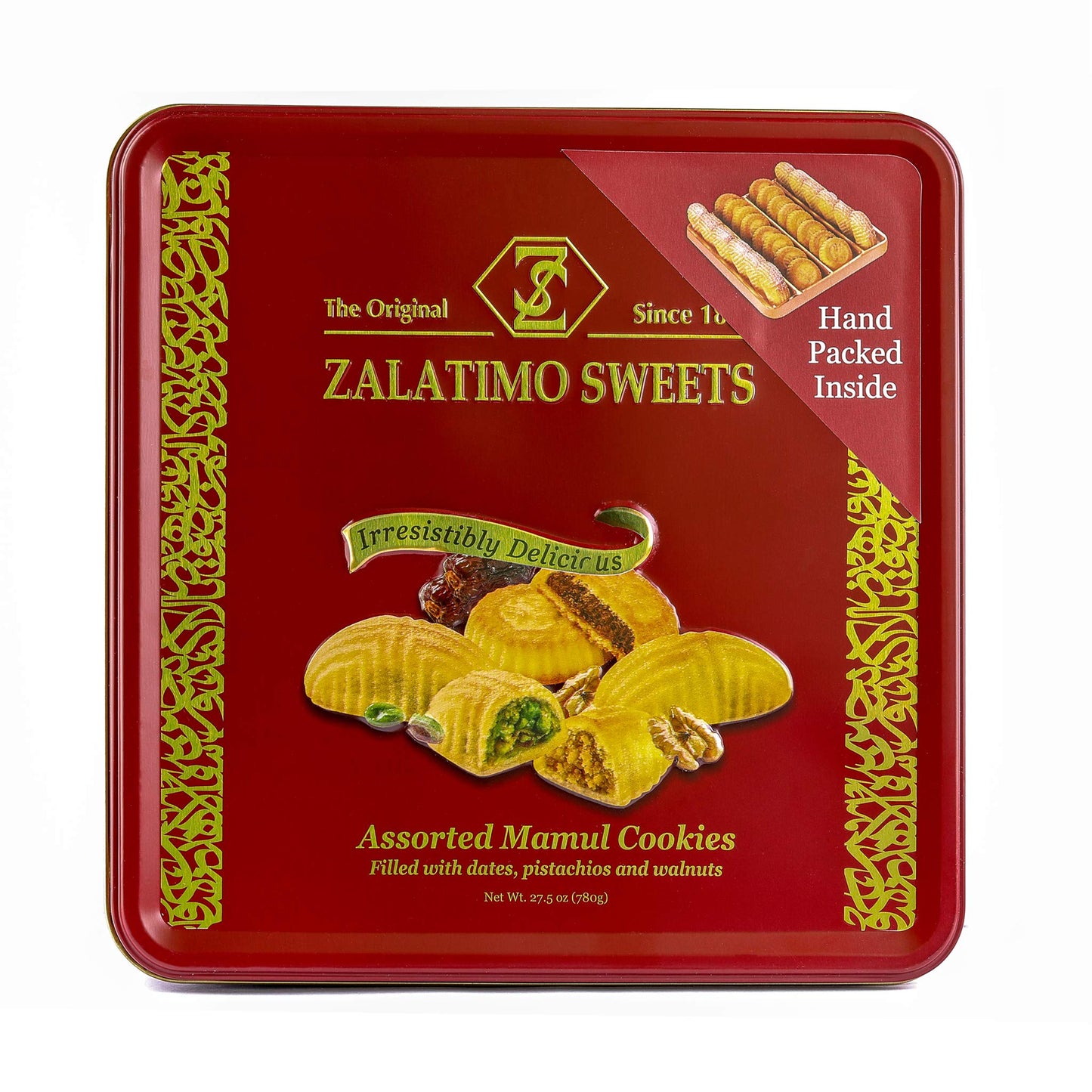 Zalatimo Sweets Since 1860, 100% All Natural Assorted Mamoul Shortbread Cookies, Square Metal Gift Tin, Slightly Sweet Cookies,