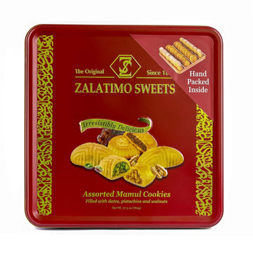 Zalatimo Sweets Since 1860, 100% All Natural Assorted Mamoul Shortbread Cookies, Square Metal Gift Tin, Slightly Sweet Cookies,