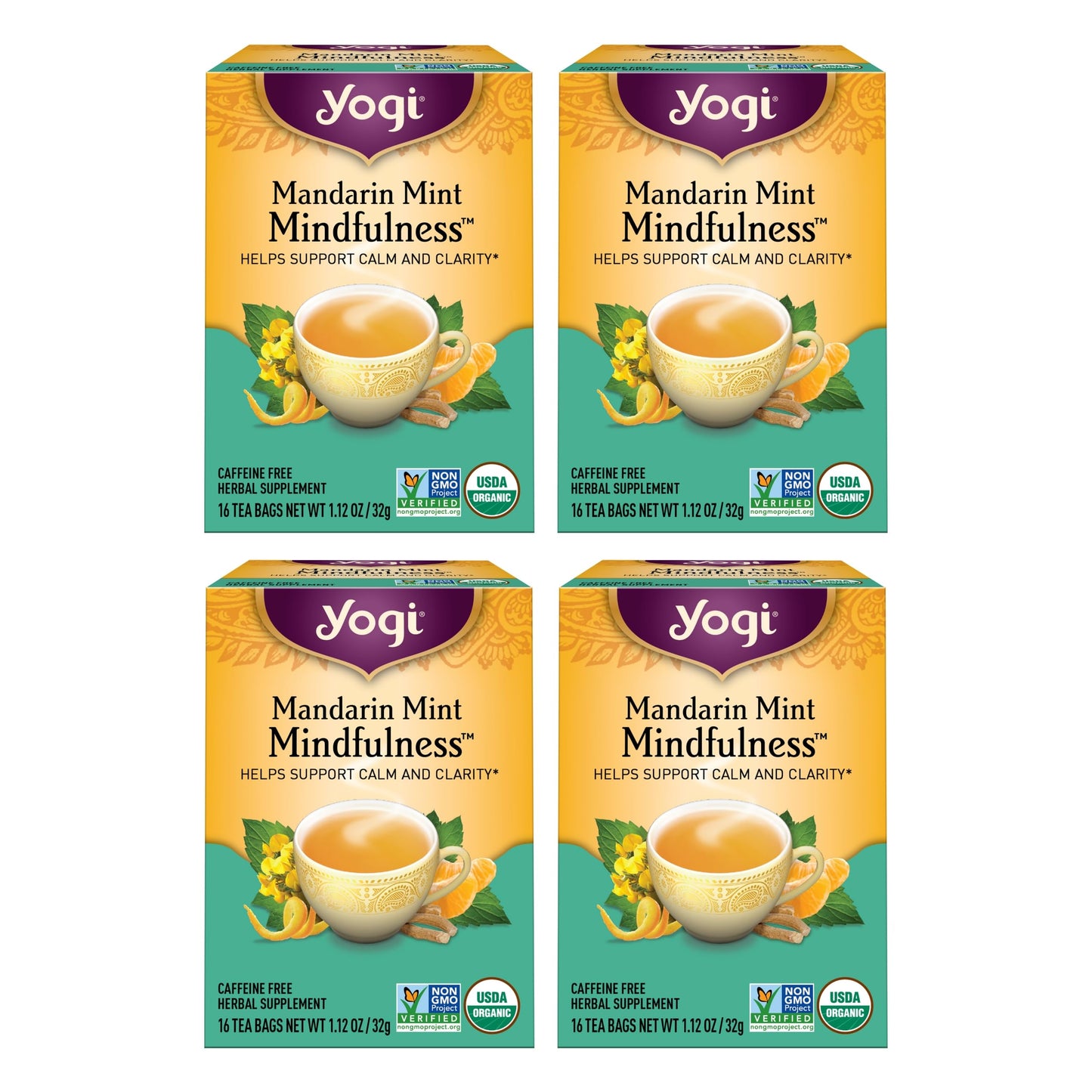 Yogi Tea Mandarin Mint Mindfulness - 16 Tea Bags Per Pack (4 Pack) - Organic Mandarin Mint Tea - Calming Herbal Tea - Includes A