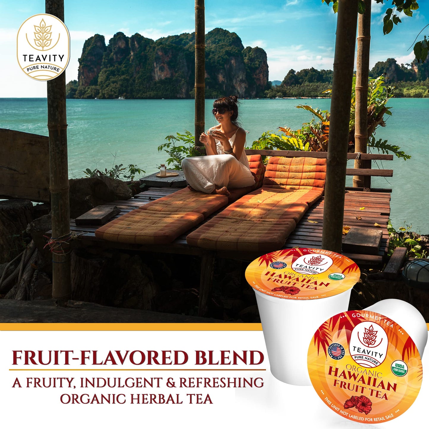 Organic Hibiscus Tea Pods With Peach, Mango, & Passionfruit - Naturally Decaf Tea - Hawaiian Fruit Tea By Teavity (36 Tea Pods)