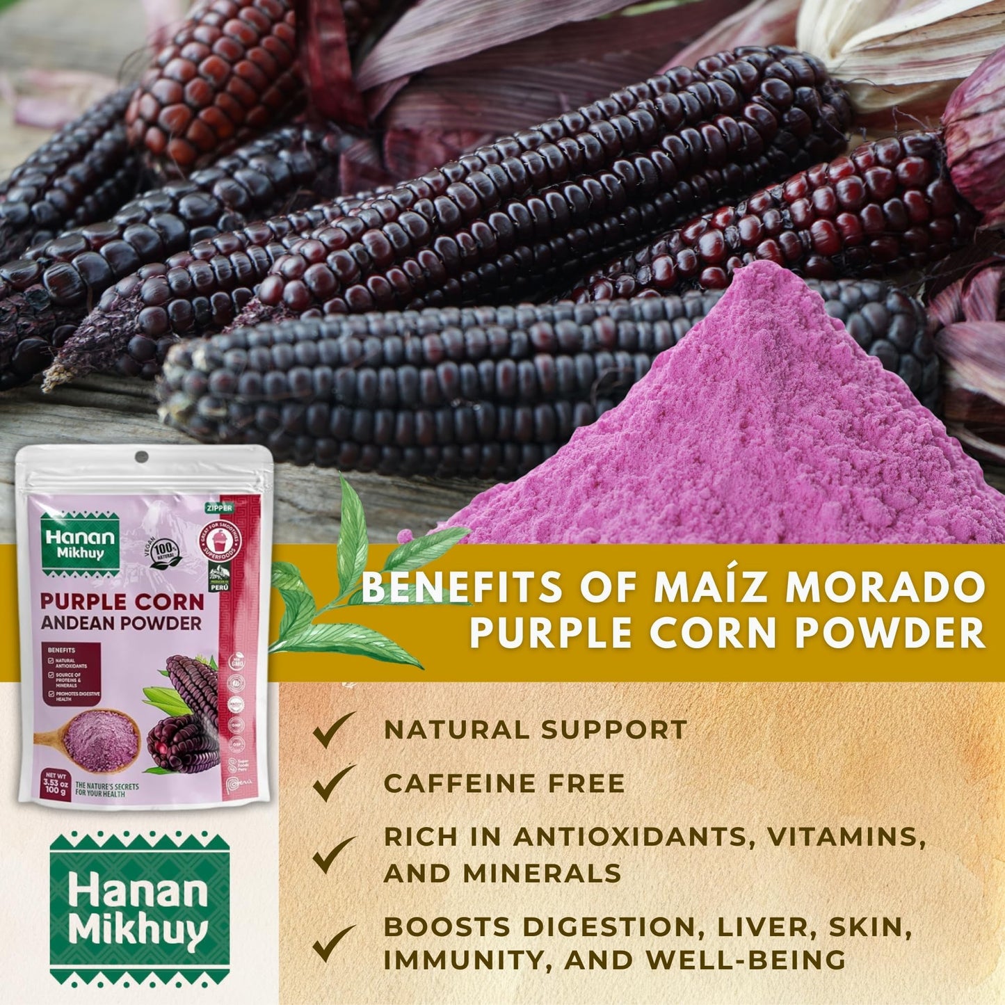Hanan Mikhuy Ma  Z Morado 100G - 100% Natural Purple Corn Powder For Digestive Health & Nutrient Absorption Vegan, Non-Gmo, Glut