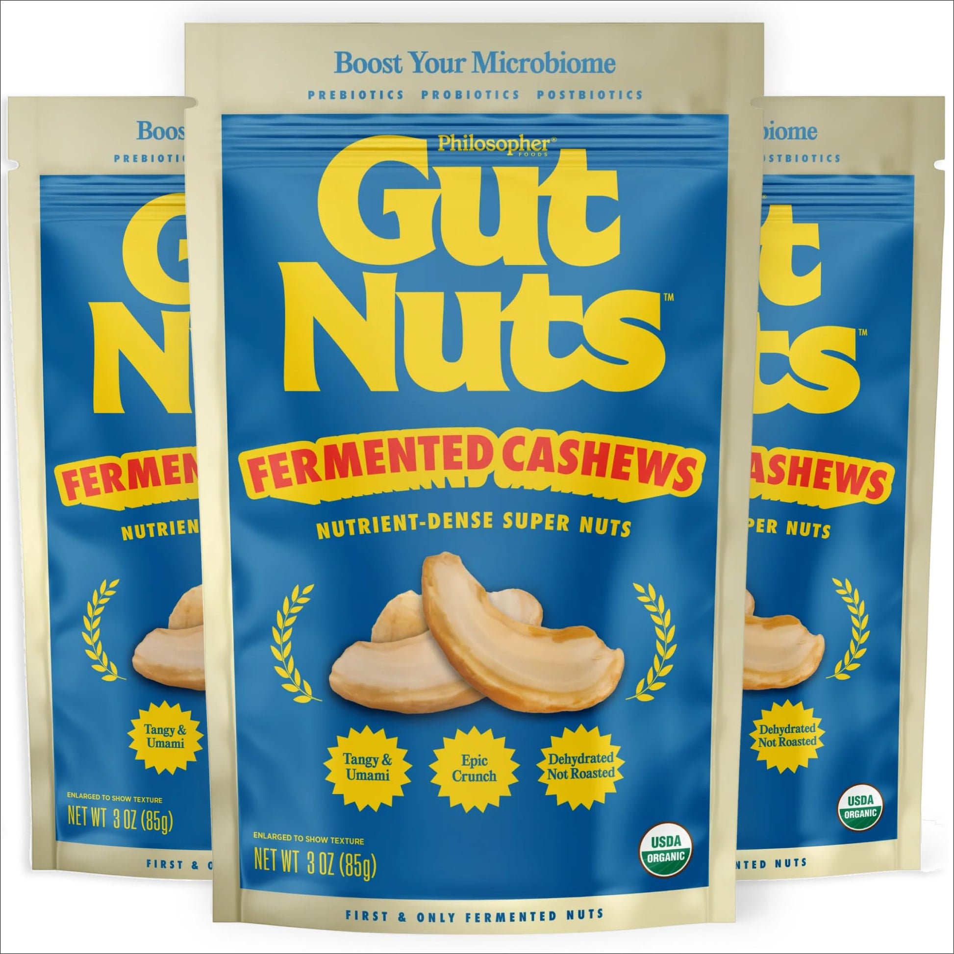 Philosopher Foods Gut Nuts - Fermented Cashews for Gut Health - Tangy, Umami, & Salty Flavors - Super Crunchy Low Carb Keto Snac
