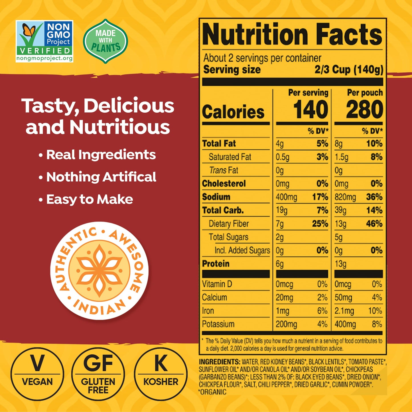 Tasty Bite Organic 3 Bean Madras Lentil, Microwaveable Ready to Eat Entree, 10 Ounce (Pack of 6)