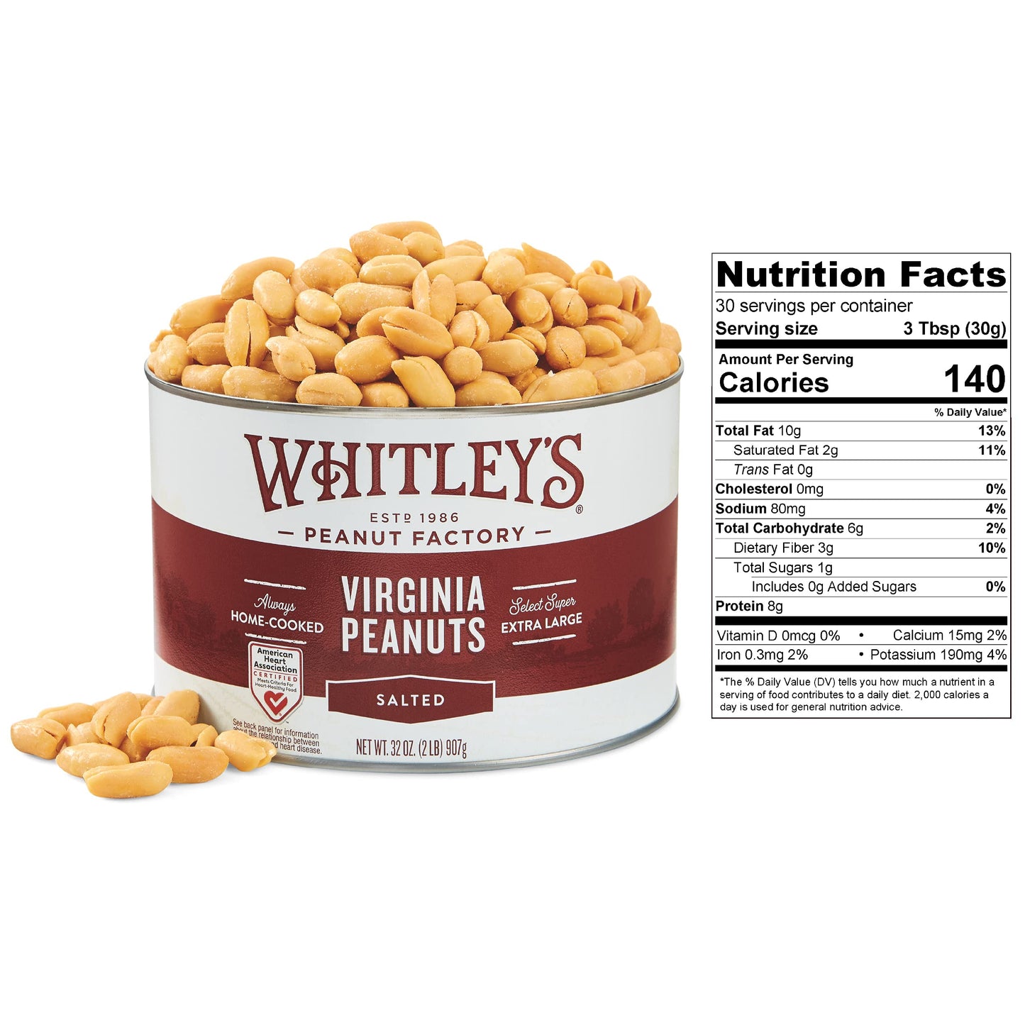 Whitleys Salted Virginia Peanuts - Super Extra Large 'Home Cooked' Virginia Peanuts (32 Ounce Tin)