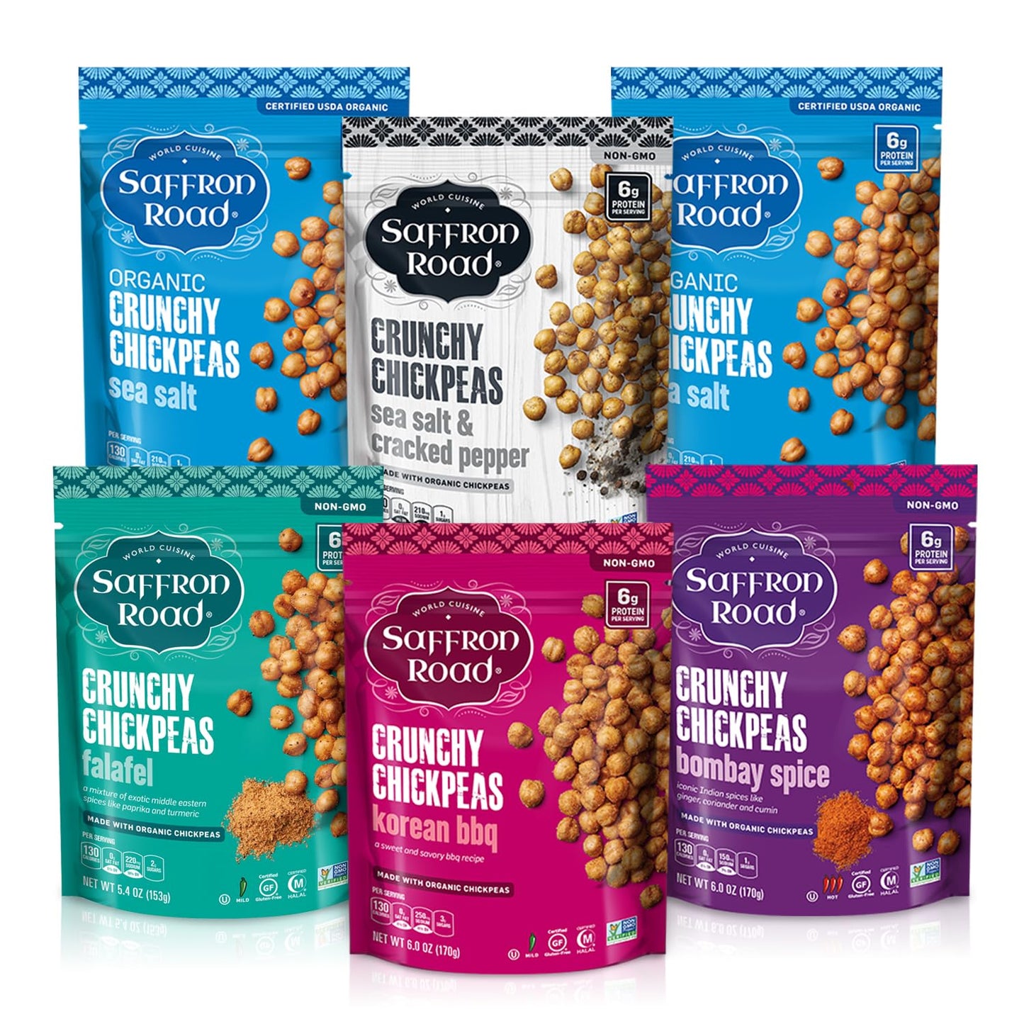 Saffron Road Roasted And Crunchy Burst Itemay Spice Korean Bbq Falafel Sea Salt & Breaked Pepper Chickpeas | High Protein Snacks | Gluten-Free Vegetarian Non-Gmo And Certified Halal And Kosher | Pack Of 6