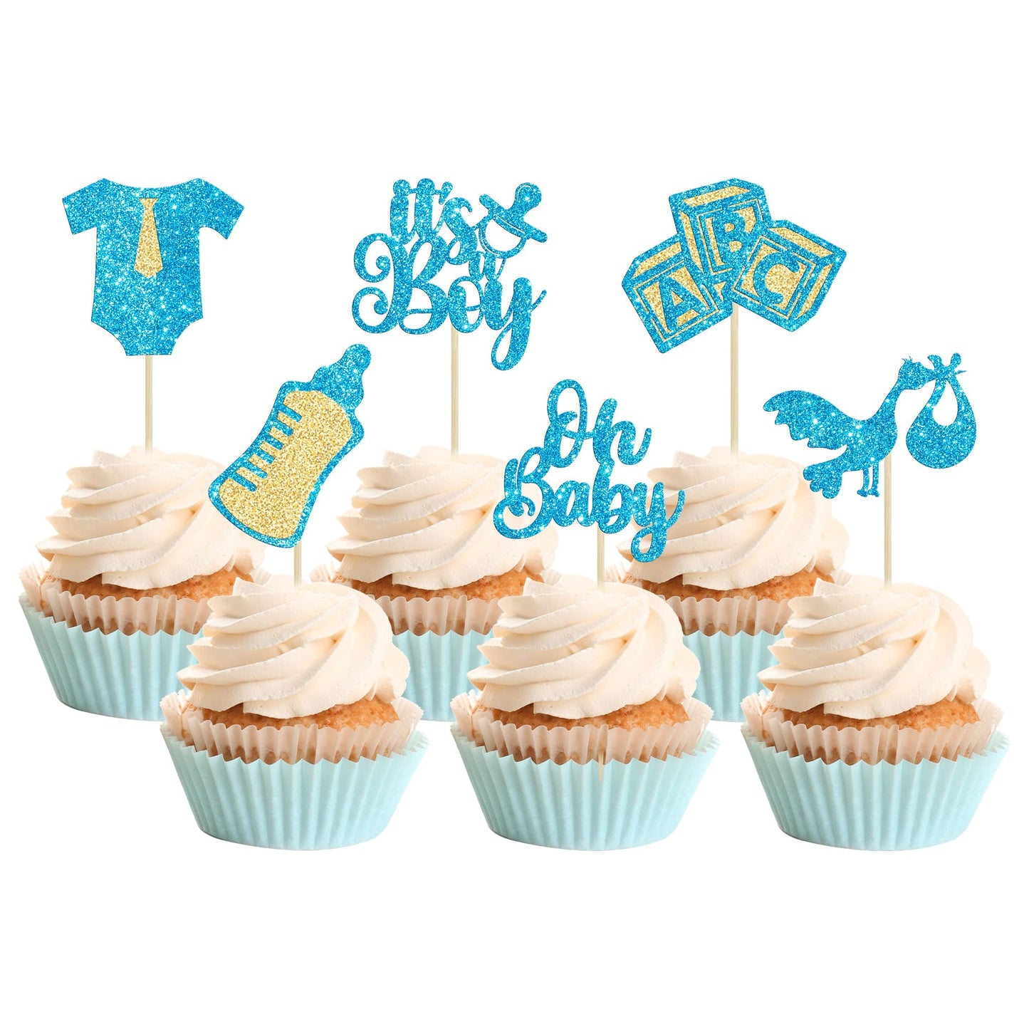 Gyufise 24Pcs Baby Shower Oh Baby Cupcake Toppers ItS A Boy Cupcake Picks Glitter Tie Onesie Baby Bottle Cake Picks Decorations For Gender Reveal Baby Shower Boys Birthday Party Supplies Blue