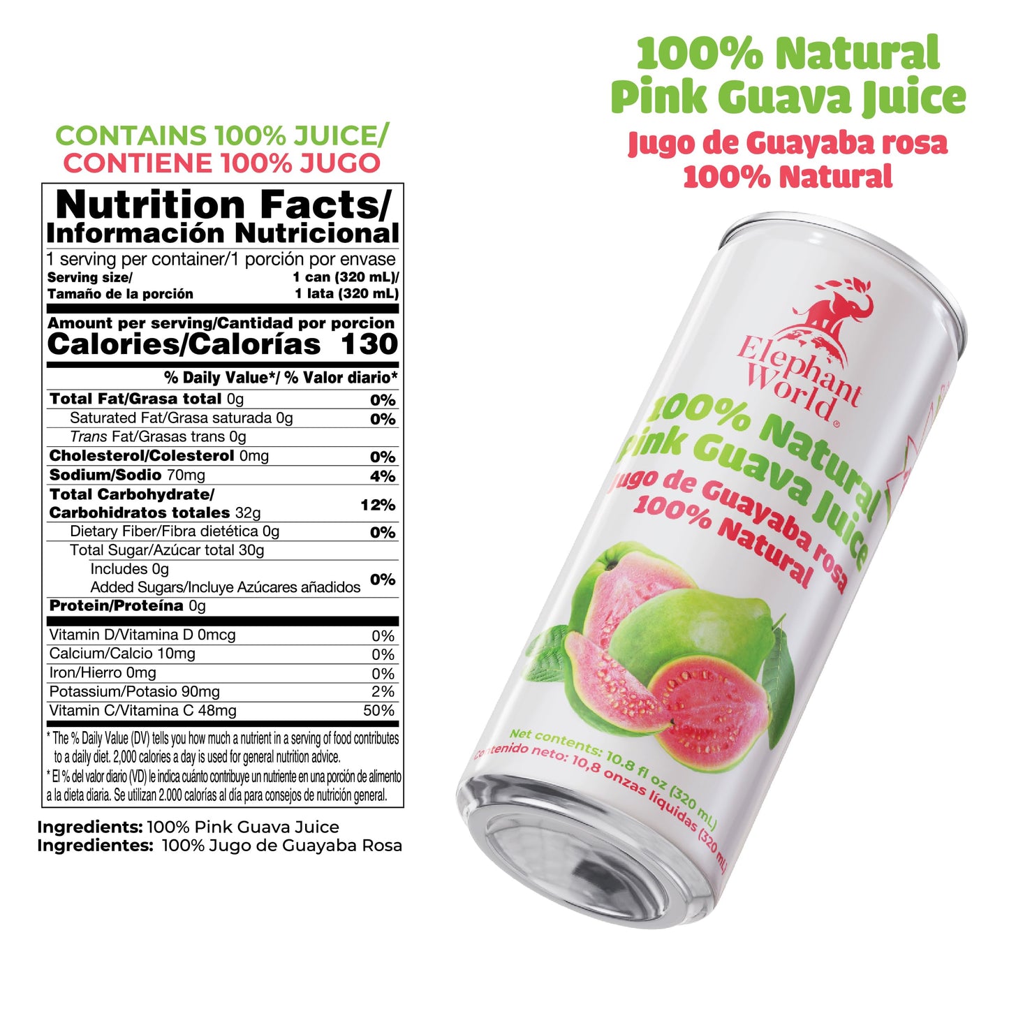 Elephant World 100% Natural Pink Guava Guayaba Juice | Non Gmo | 10.8 Oz (Pack Of 6), Guava