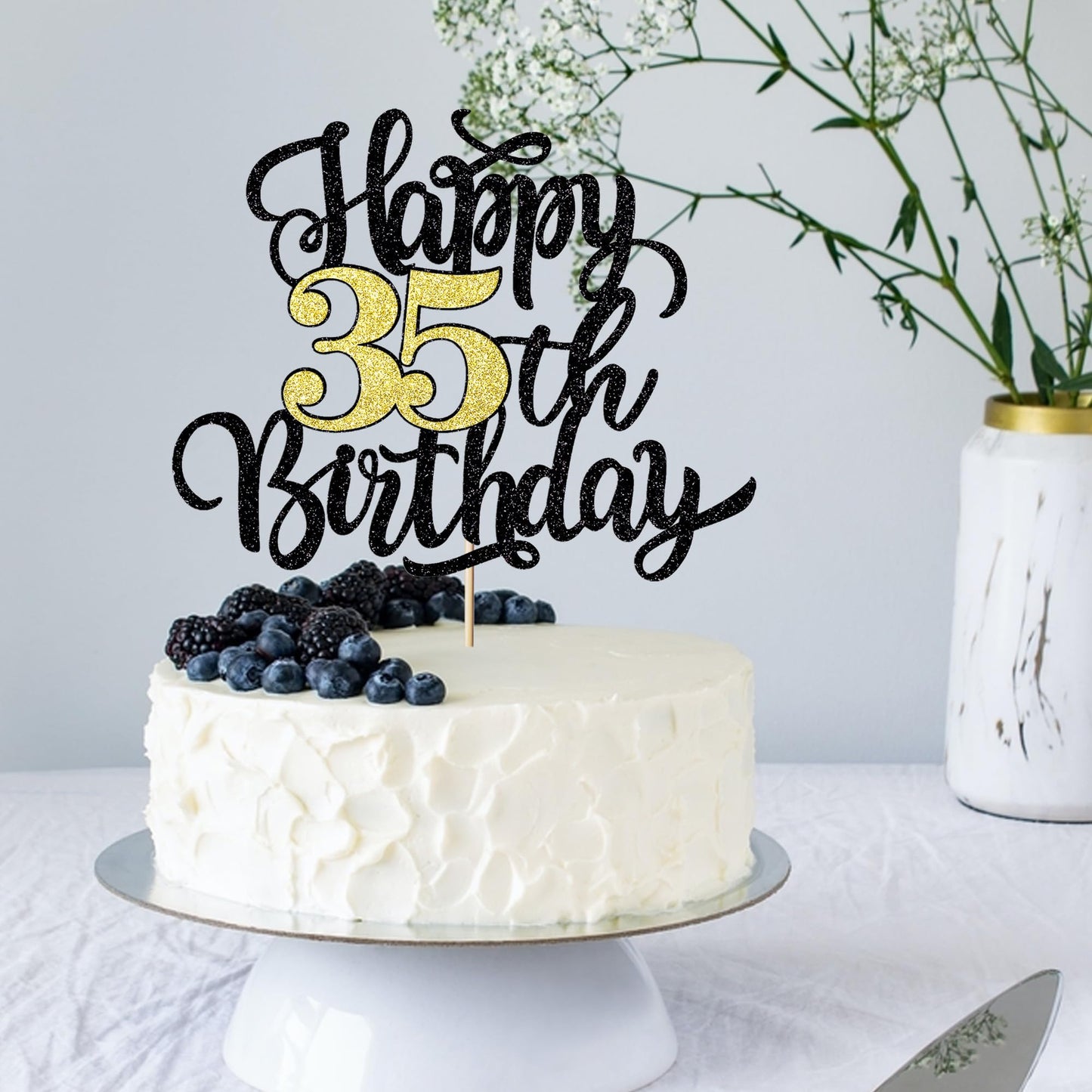Leetaivie Happy 35Th Birthday Cake Topper, Black Gold Glitter Birthday Cake Topper, 35Th Anniversary/ 35Th Birthday Party Decora