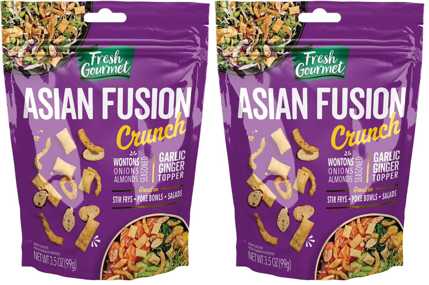 Fresh Gourmet Asian Fusion Crunch - 3.5oz Pouch, Single | Garlic Ginger Wontons, Crispy Onions, Sliced Almonds | Elevate Salads,