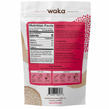 Waka Instant Green Tea Mix, Pomegranate Flavored - 100% Tea Leaves, No Additives, Unsweetened Tea Powder In Bulk Pouch - Easy Qu