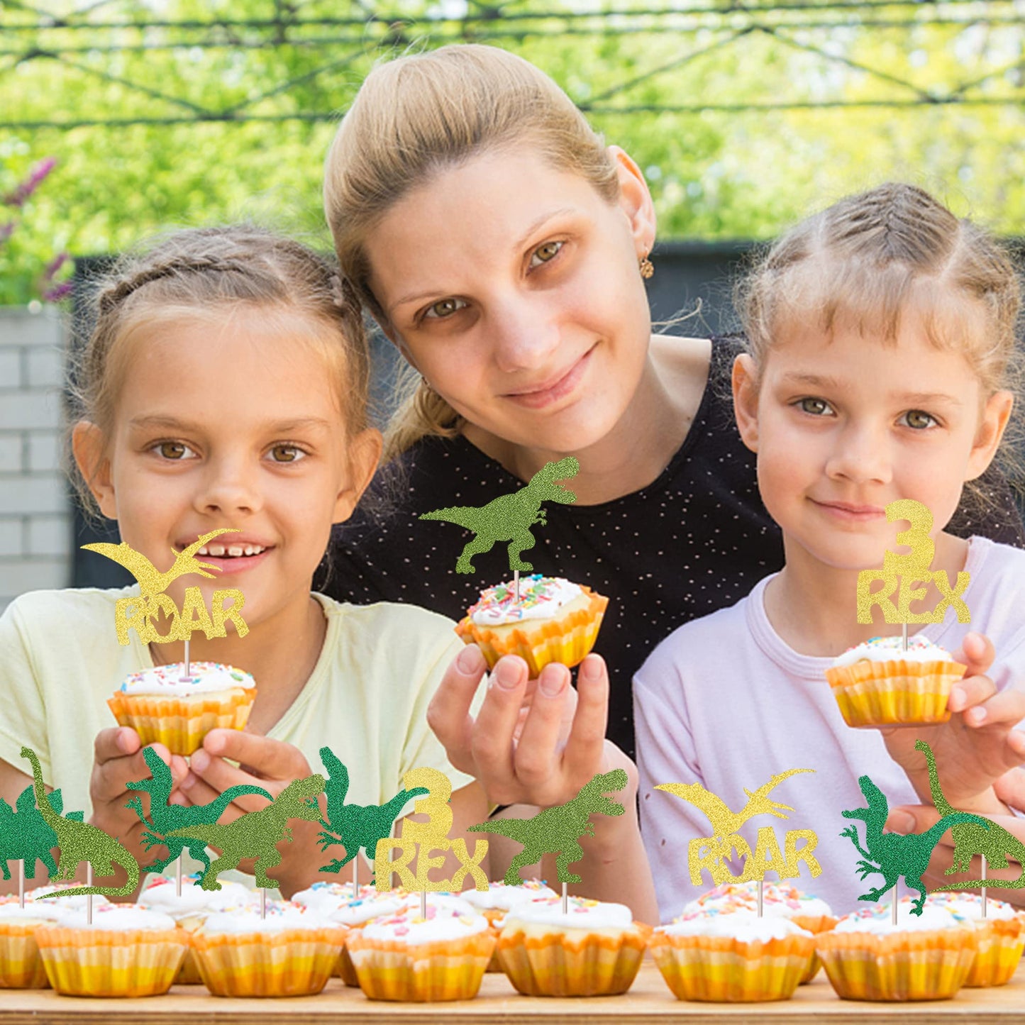 YCTHUNFISH Dinosaur Cupcake Toppers, 24 Pack, Glitter Gold, Bamboo, Small, Dino Theme for Baby Shower or Birthday Party Decorations