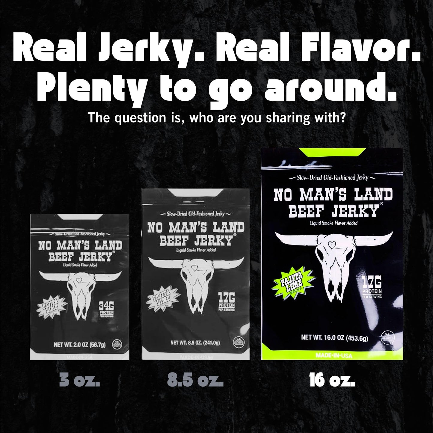 NO MANS LAND BEEF JERKY Fajita Lime High Protein Snack 16oz Gluten Free