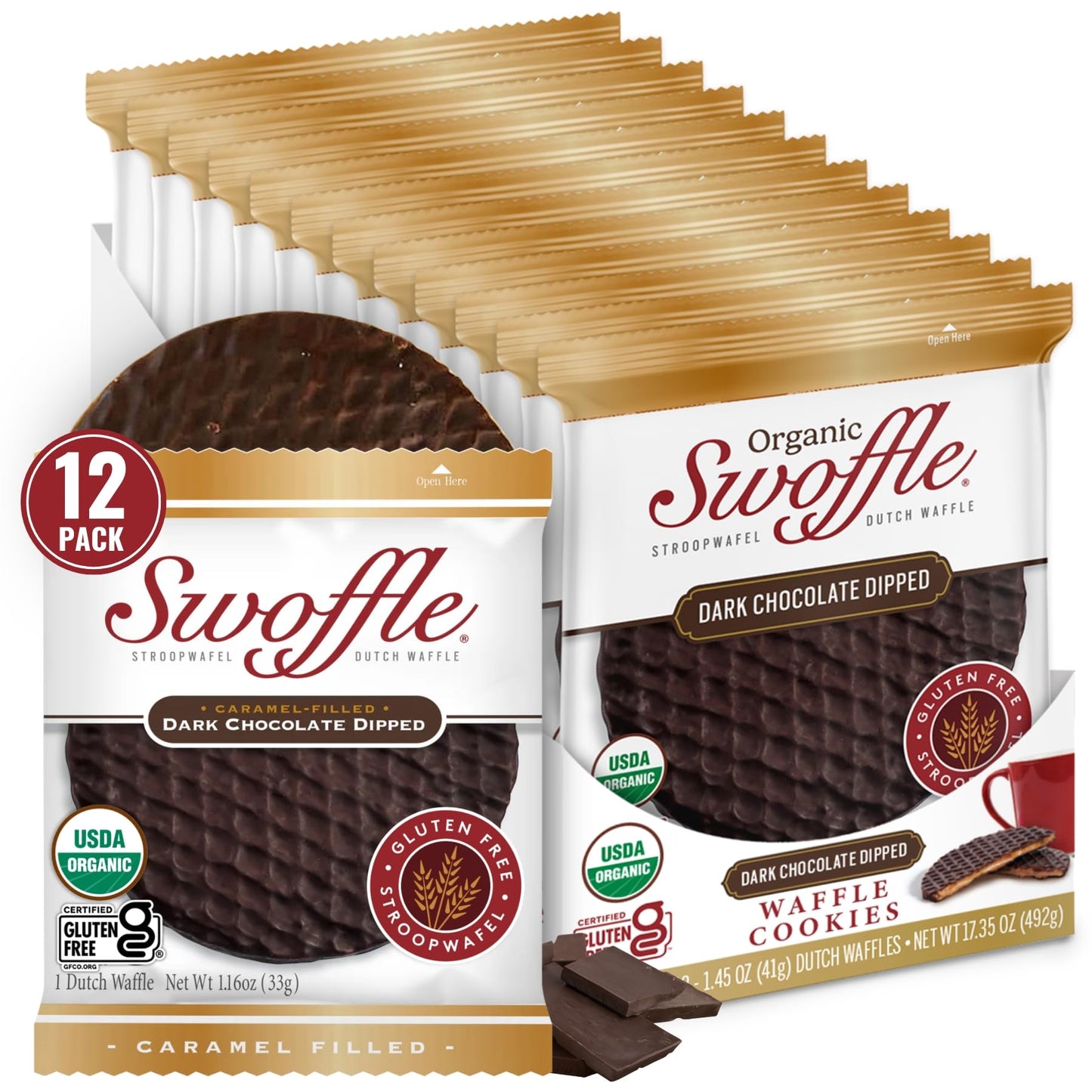 Chocolate Dipped Stroopwafels By Swoffle - Limited Release - Certified Organic Gluten Free Stroopwafels In Dark Chocolate Coating | (12) 1.45Oz Wafers | Non-Gmo Wheat Free Kosher Soy And Nut Free!