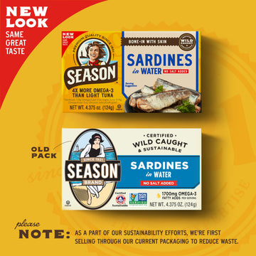 Season Sardines in Water - No Salt Added, Wild Caught, 22g of Protein, Keto Snacks, More Omega 3's Than Tuna, Kosher, High in Ca