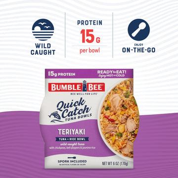Bumble Bee Quick Catch Teriyaki Tuna & Rice Bowl, 6 oz (Pack of 6) - Ready to Eat, Spork Included - 15g Protein per Serving - No