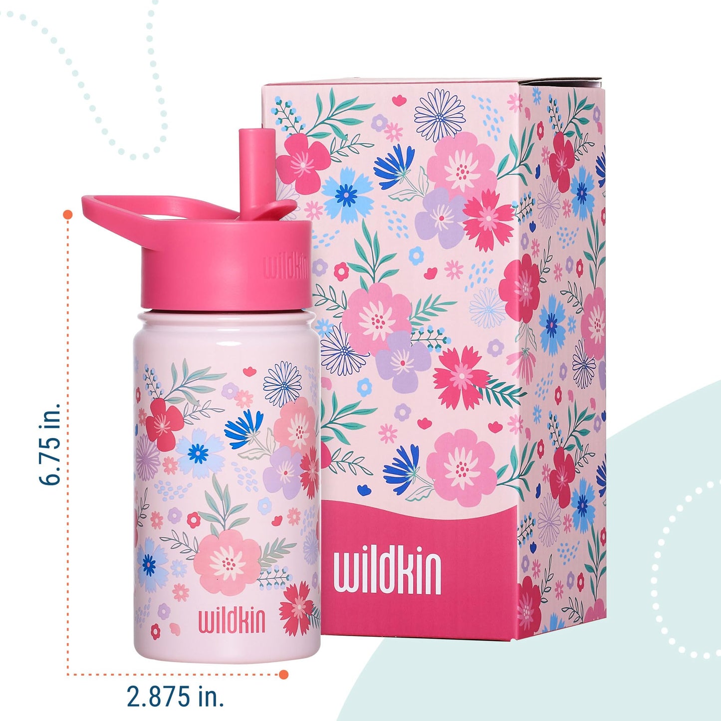 Wildkin 14 Oz Stainless Steel Water Bottle, Insulated, Leak Proof, Pink Floral, 6.75 X 2.875 inches