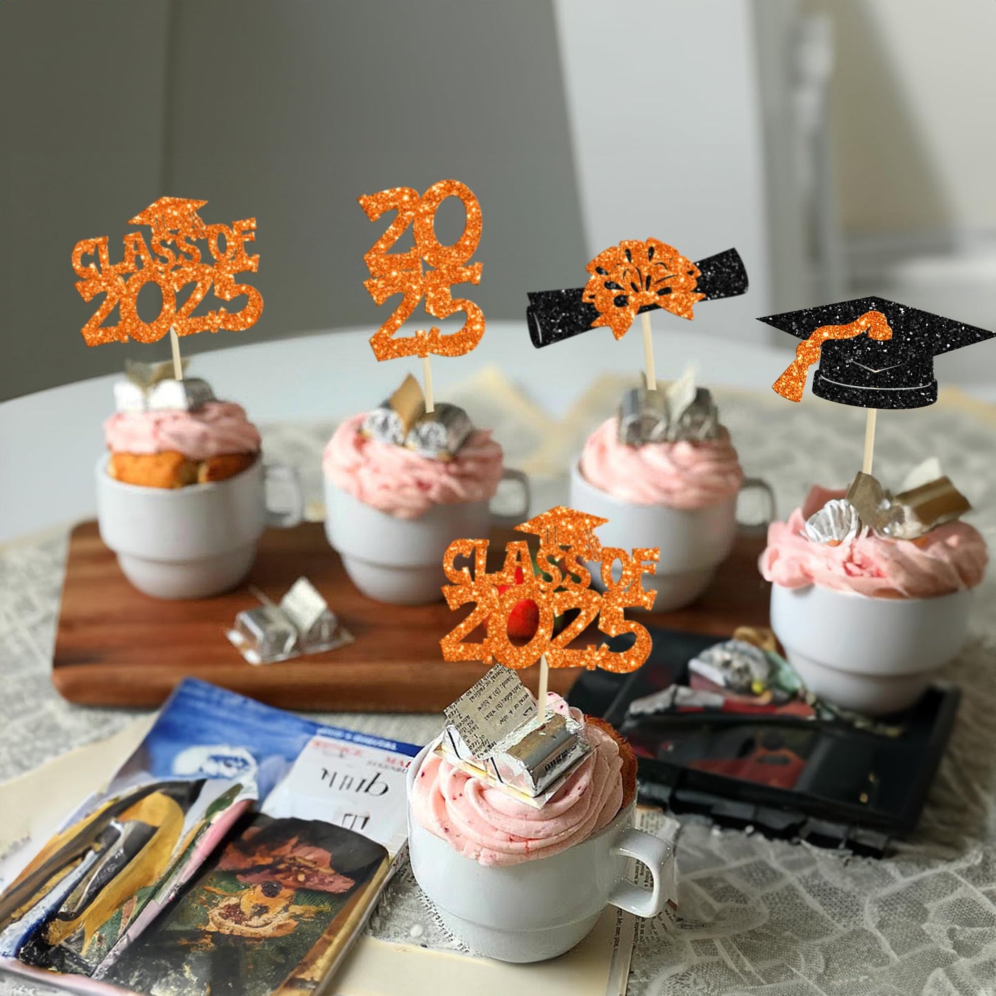 Ephlyn 36Pcs Graduation Cupcake Toppers, Glitter Class of 2025, Orange, Diploma & Cap Picks for Graduation Party Decorations