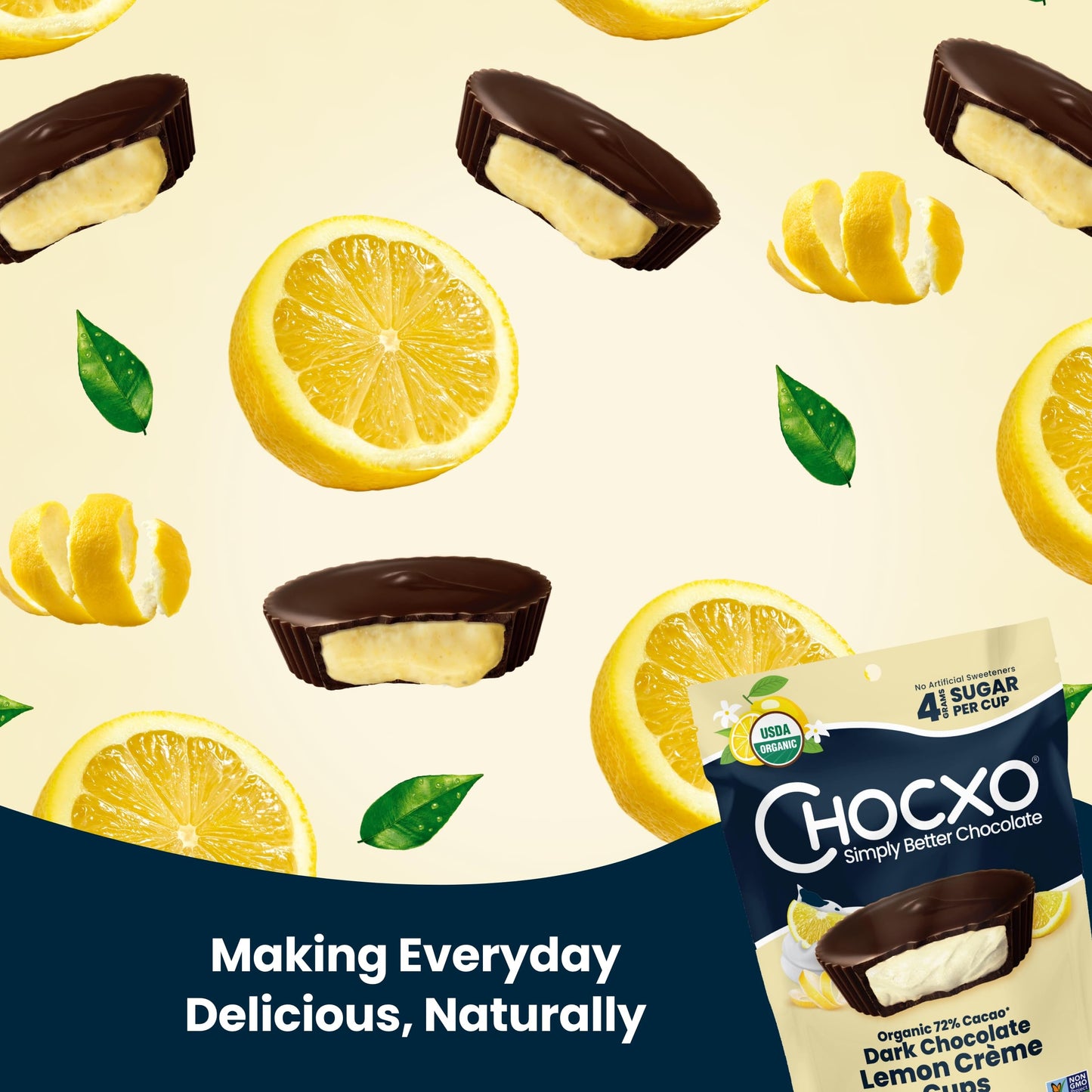 ChocXO Dark Chocolate Lemon Crème Cups - Lower Sugar, Organic, Keto, Gluten Free, 3.45 oz (Pack of 6)