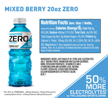 Powerade Electrolyte Enhanced Zero Sugar Mixed Berry Sports Drink, 20 Ounce (Pack Of 24)