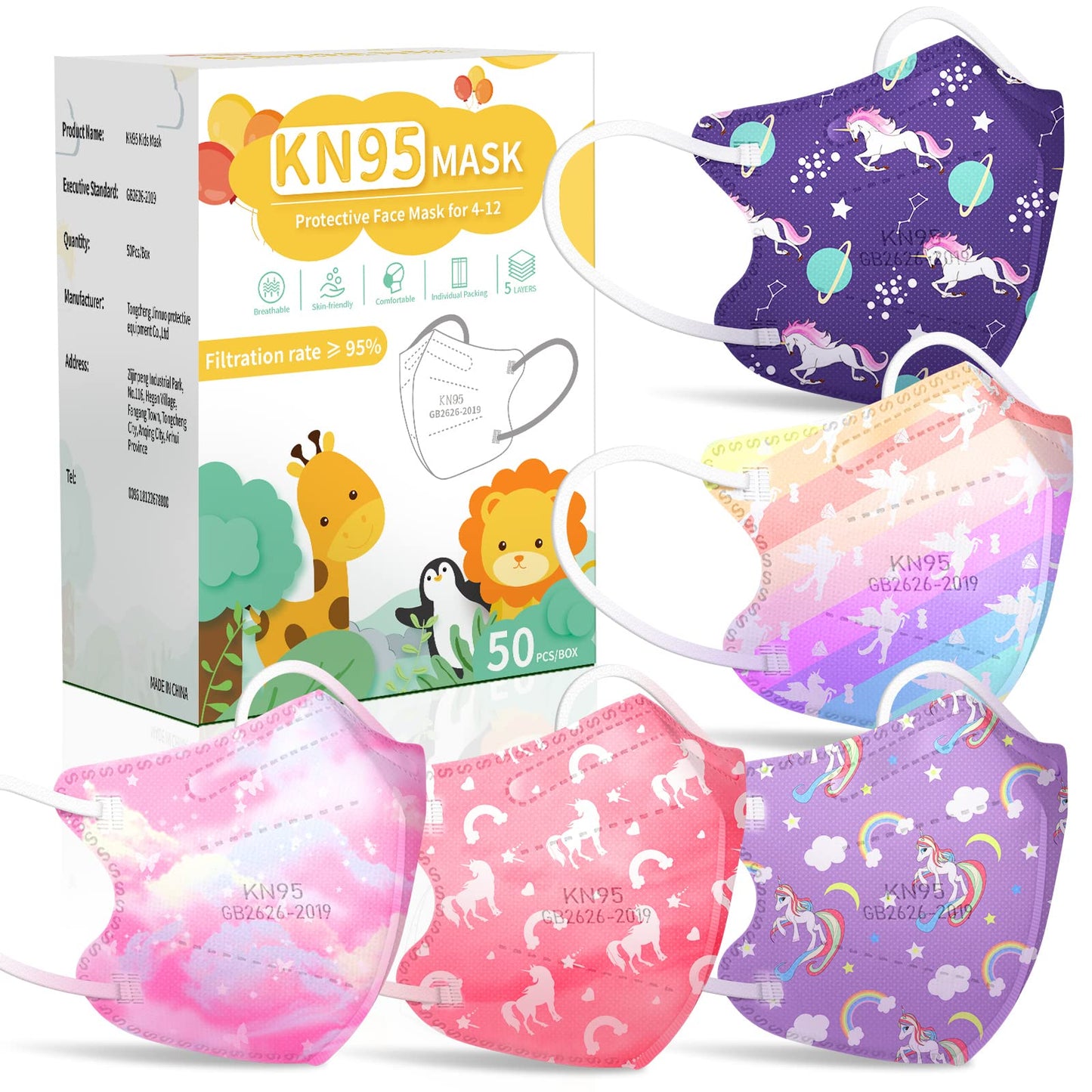 Fenfen Kids Kn95 Face Mask Disposable - Kid Unicorn, Children Small Size Age 4-12 5 Layer Protection Breathable Girls Kids Mask