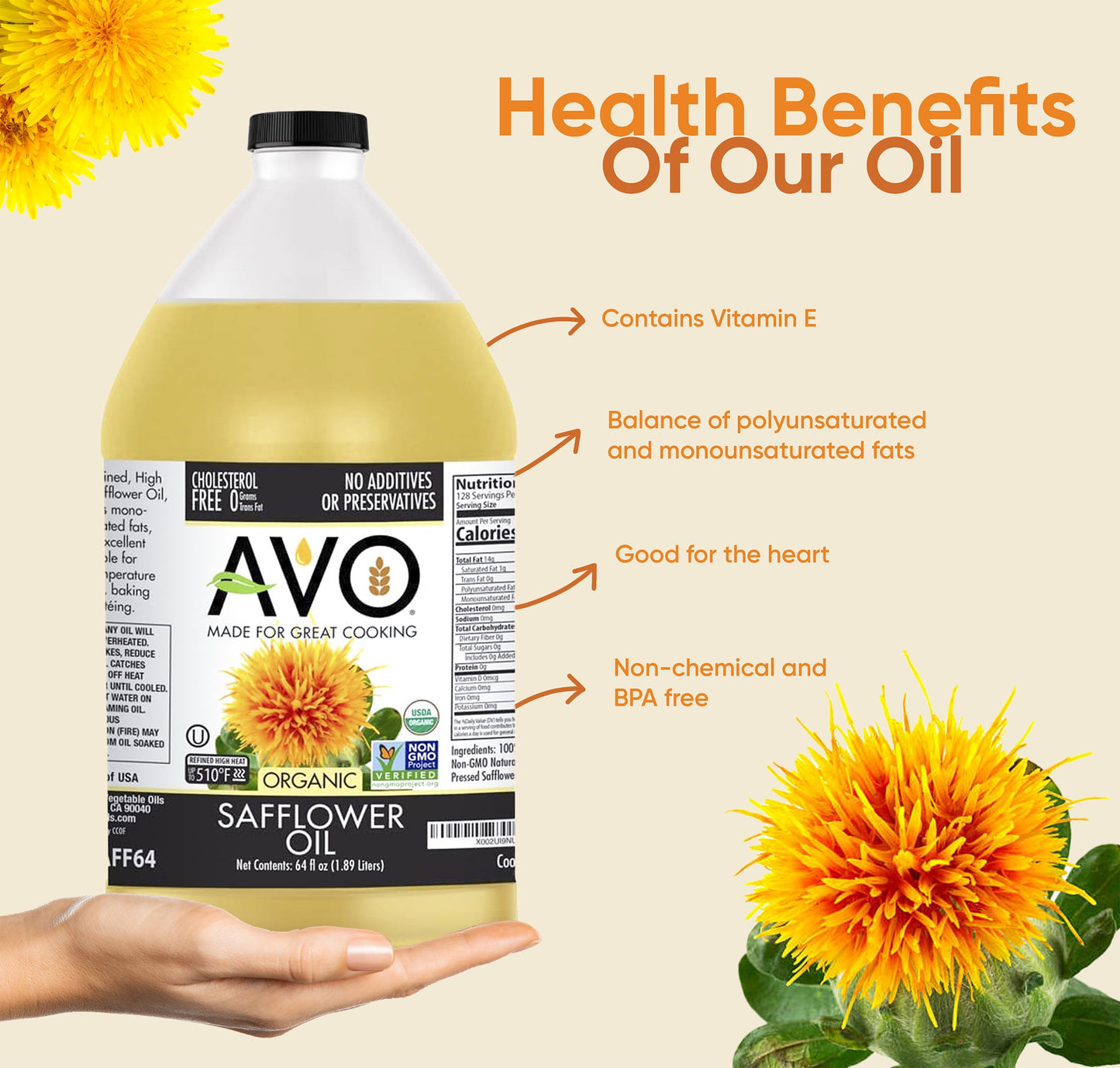AVO Organic High Oleic Safflower Oil - Non-Stick Cooking, Baking, Frying - 64 Fl Oz (Half Gallon)