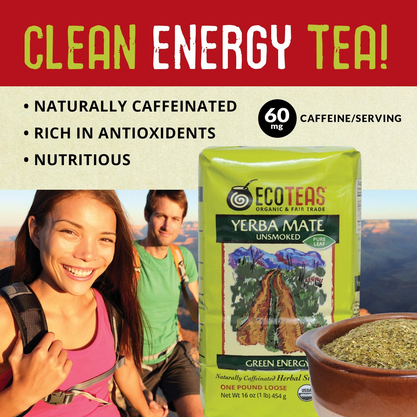 Ecoteas - Organic Yerba Mate Loose Leaf Tea - Unsmoked, Pure Leaf, 1 Lb - Detox Hi Caf Energy, 100% Organic From Argentina