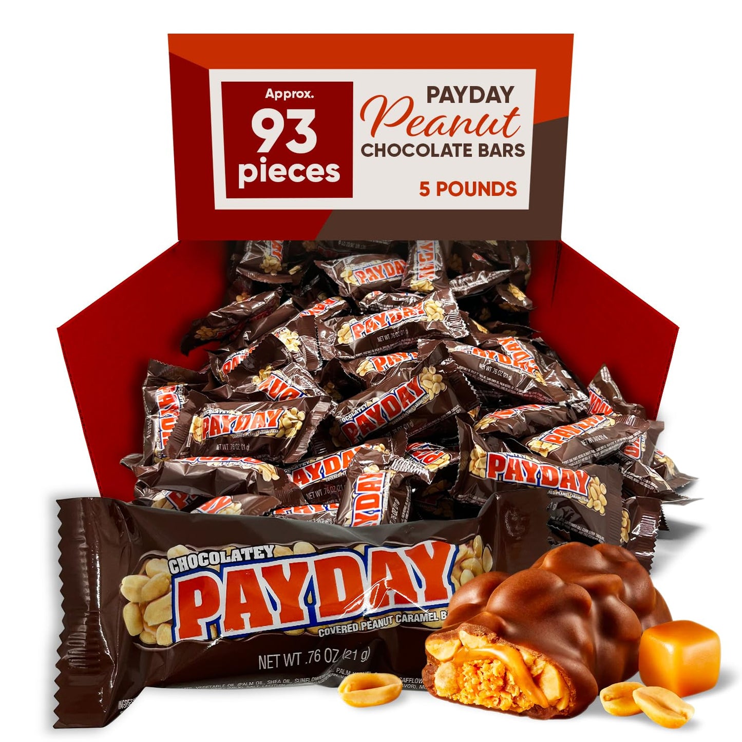 Payday Chocolate Covered Peanut Caramel Bar 5 Pound Approx 93 Bars - Chocolate Candy With Peanut And Caramel