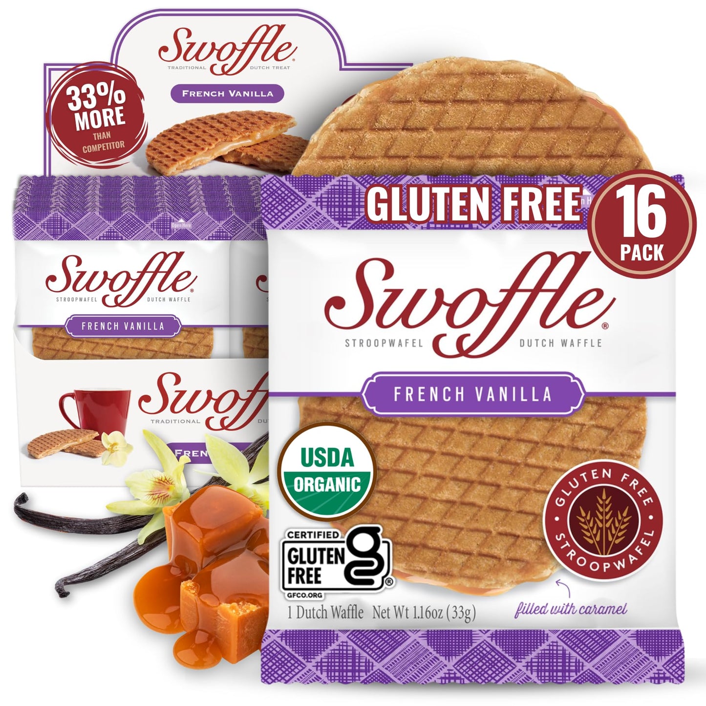 Gluten Free Organic Stroopwafels By Swoffle - French Vanilla | (16) 1.16Oz Wafers | Non-Gmo, Wheat Free, Kosher, Soy Free, Nut F