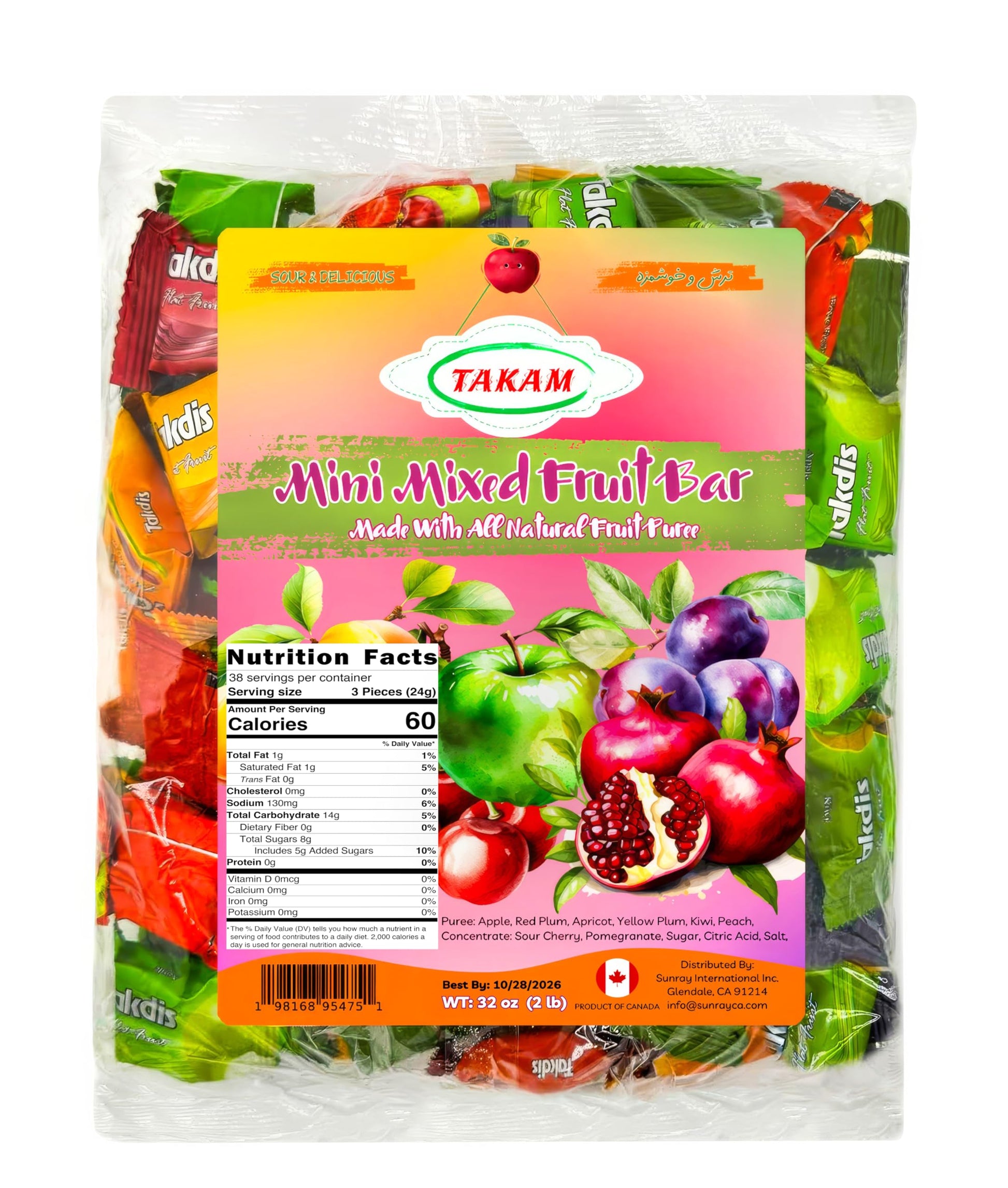 Mini Fruit Bars, Individually Wrapped, Mixed Flavors Lavashak Bites, Sweet & Sour All Natural, 2 lbs