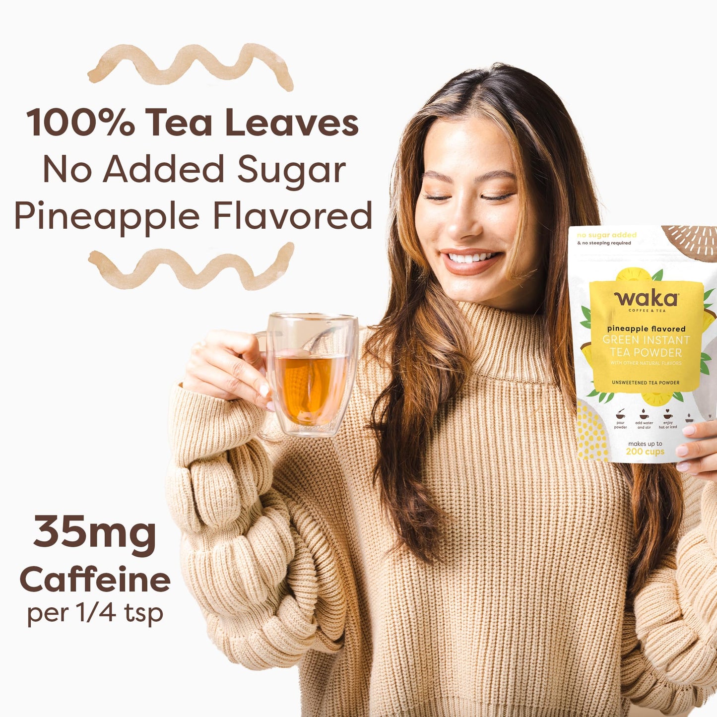 Waka Coffee Instant Tea - Unsweetened Pineapple Flavored Green Tea Powder - 4.5 oz Bulk Bag - 100% Tea Leaves