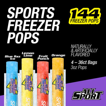 All Sport Freezer Pops, Giant Sized 3Oz, 144 Ct, Refreshing Ice Pops With Electrolytes, B Vitamins & Potassium -Blue Raz Ice, Le