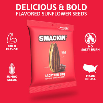 SMACKIN - Jumbo Roasted Sunflower Seeds No Salty Burn American Made Easy Pour & Seal - Backyard BBQ 4oz bag (12 Bags)