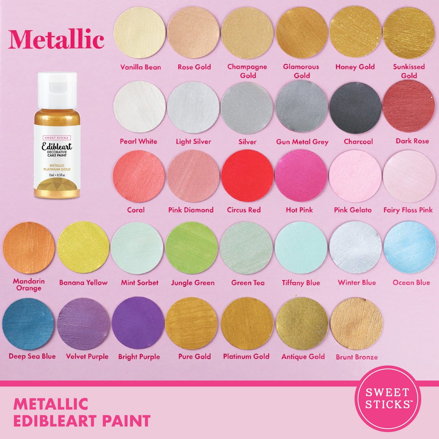 SWEET STICKS Edible Art Cake Paint, Metallic Platinum Gold, 0.5 Fl Oz