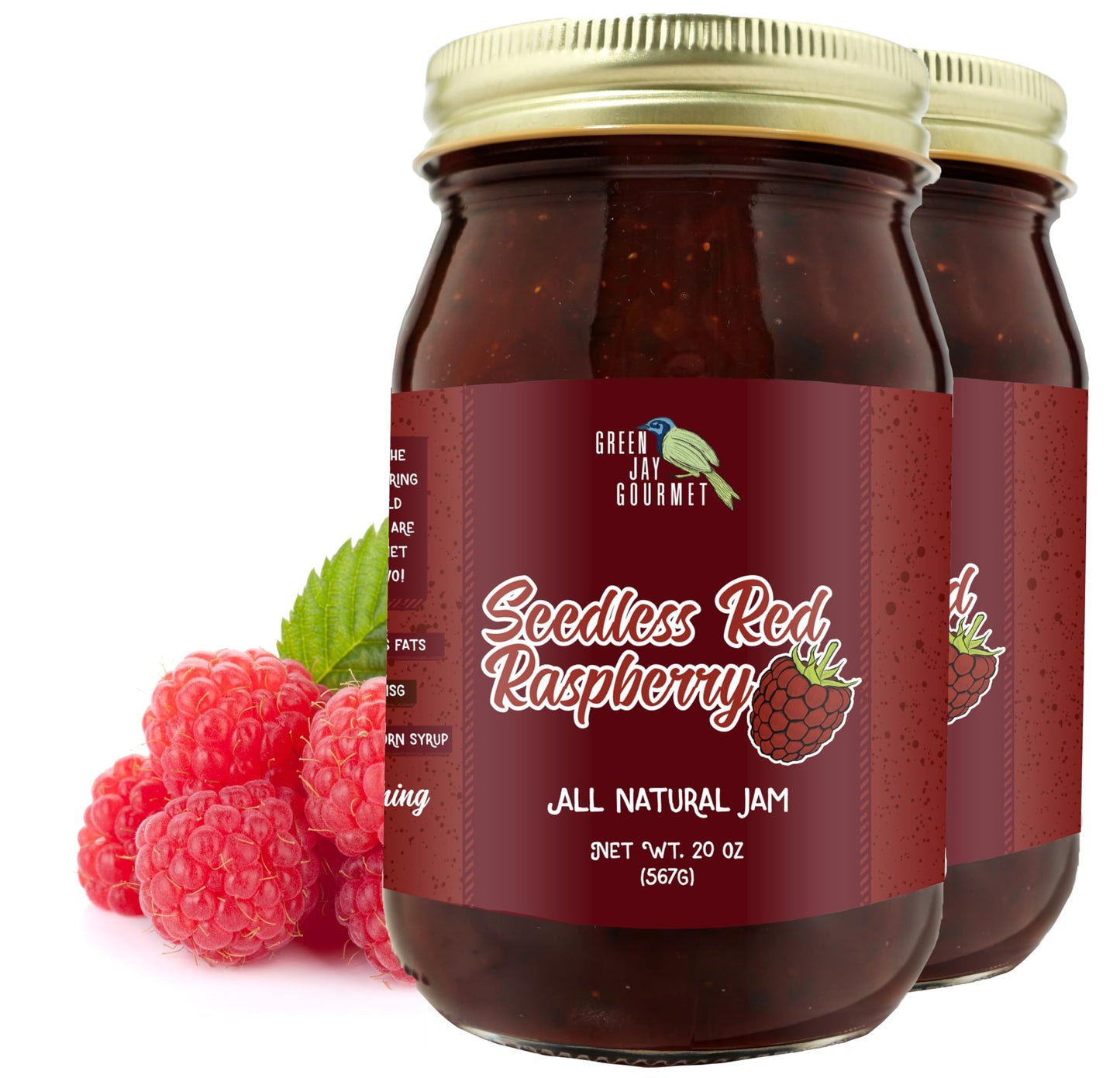 Green Jay Gourmet Seedless Raspberry Jam - All-Natural Fruit Jam With Red Raspberries & Lemon Juice - Vegan, Gluten-Free Jam - C