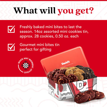Davids Cookies Fresh-Baked Sweet Sampler Mini Bites Tin - 14oz Assorted Mini Cookies with Chocolate Chip, Chocolate & White Cho